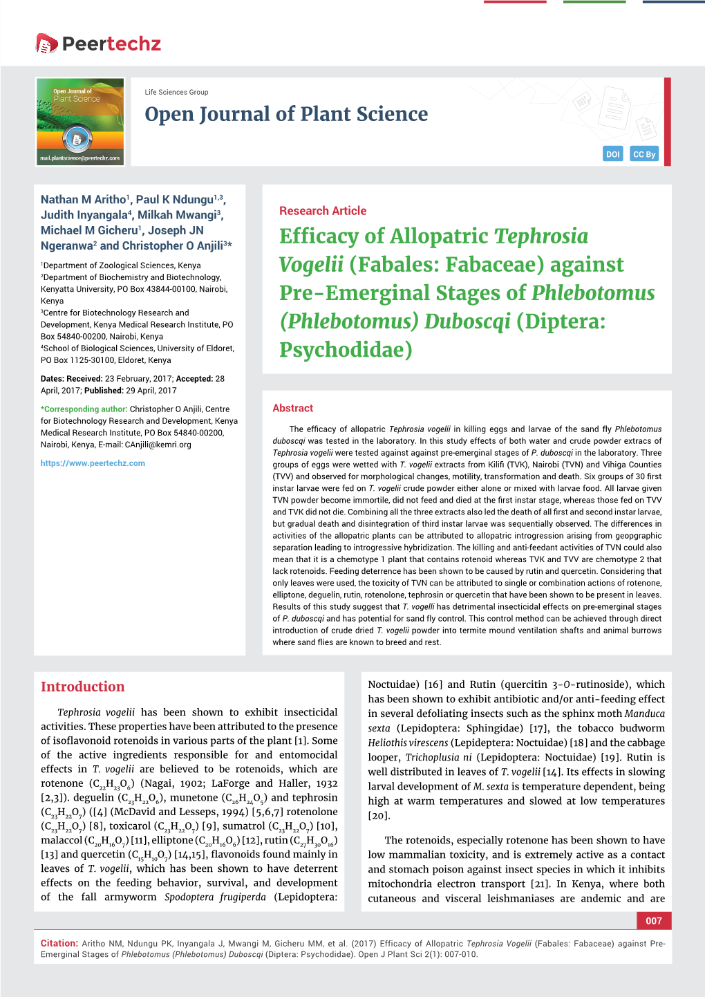 Efficacy of Allopatric Tephrosia Vogelii (Fabales: Fabaceae) Against Pre- Emerginal Stages of Phlebotomus (Phlebotomus) Duboscqi (Diptera: Psychodidae)