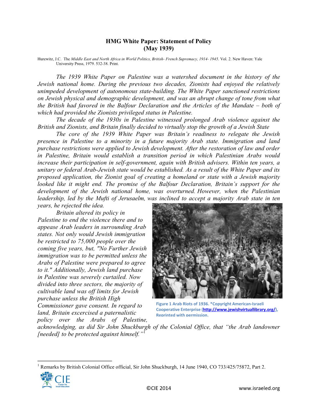 HMG White Paper: Statement of Policy (May 1939)