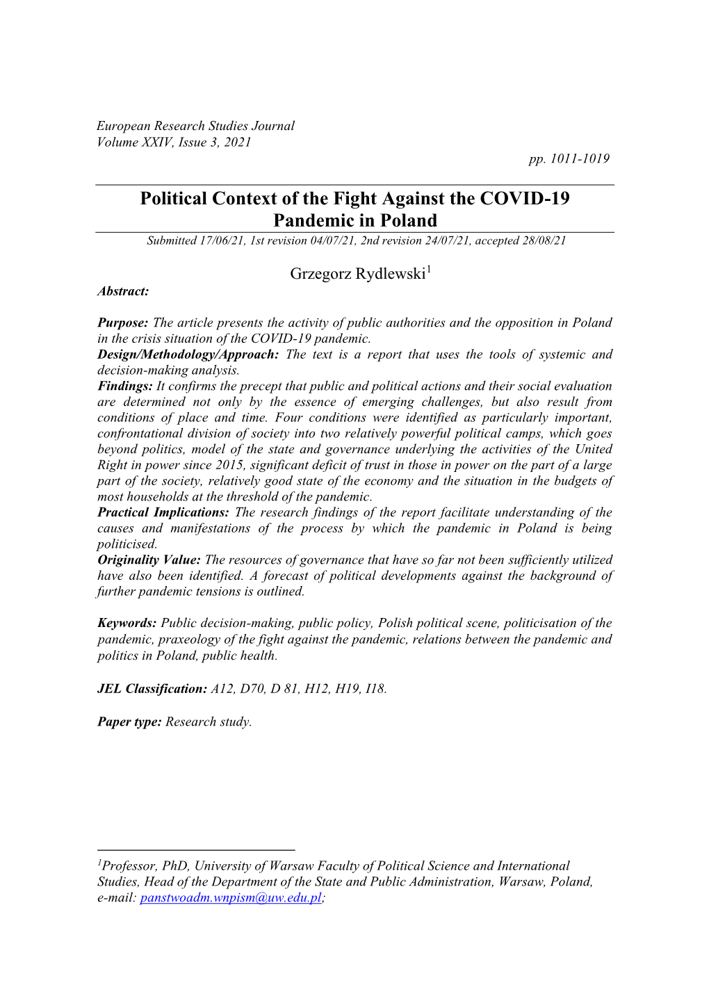 Political Context of the Fight Against the COVID-19 Pandemic in Poland Submitted 17/06/21, 1St Revision 04/07/21, 2Nd Revision 24/07/21, Accepted 28/08/21