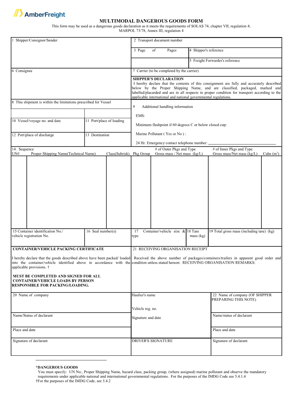 Multimodal Dangerous Goods Form