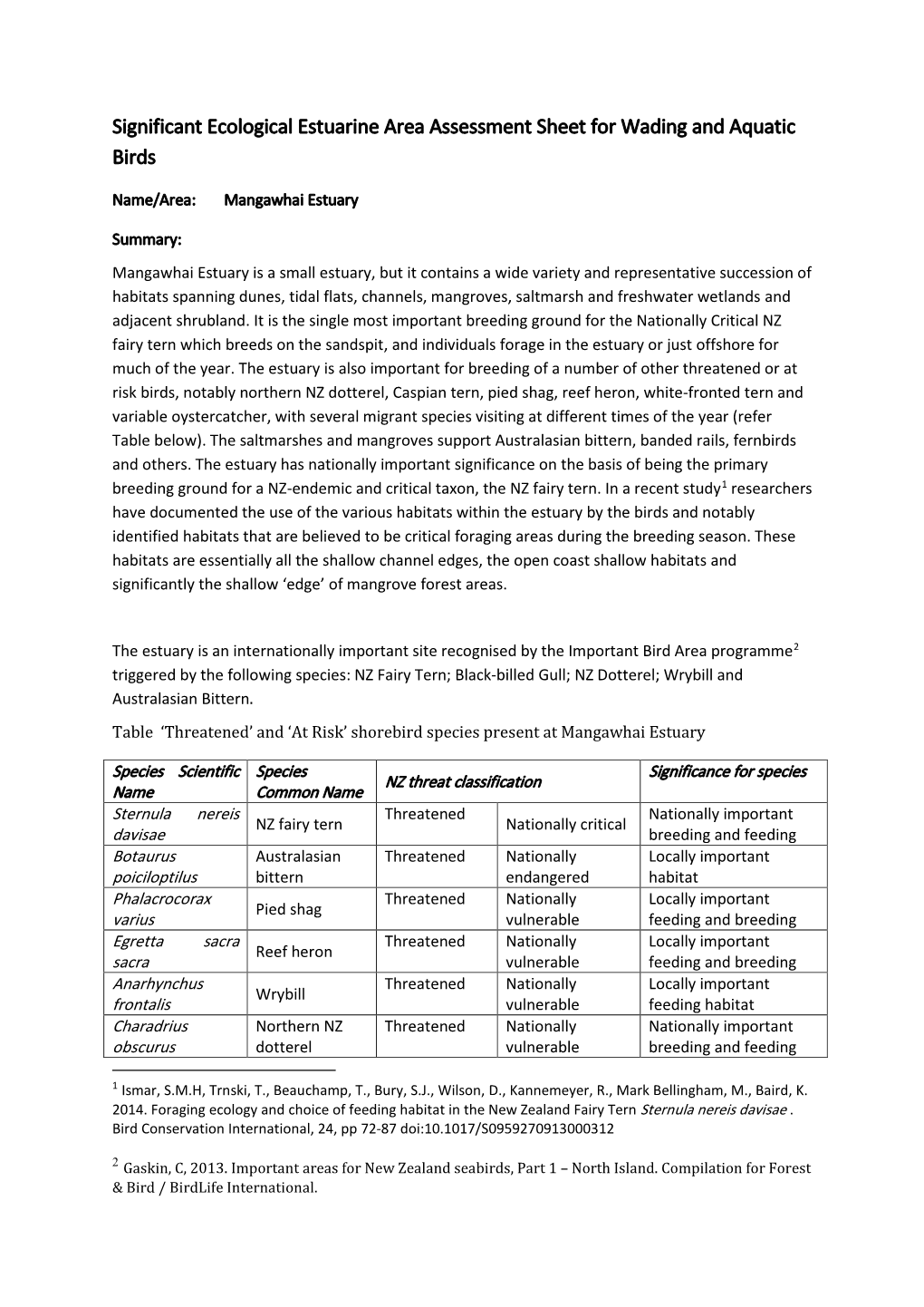 Significant Ecological Estuarine Area Assessment Sheet for Wading and Aquatic Birds