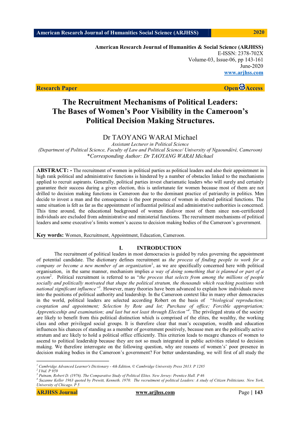 The Recruitment Mechanisms of Political Leaders: the Bases of Women’S Poor Visibility in the Cameroon’S Political Decision Making Structures