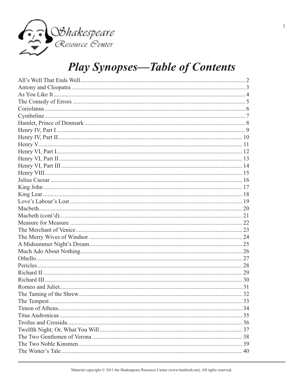 Play Synopses—Table of Contents All’S Well That Ends Well