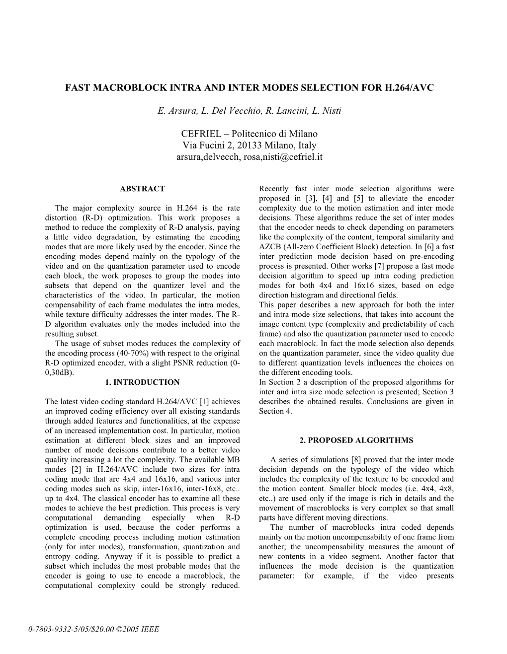 Fast Macroblock Intra and Inter Modes Selection for H.264/Avc