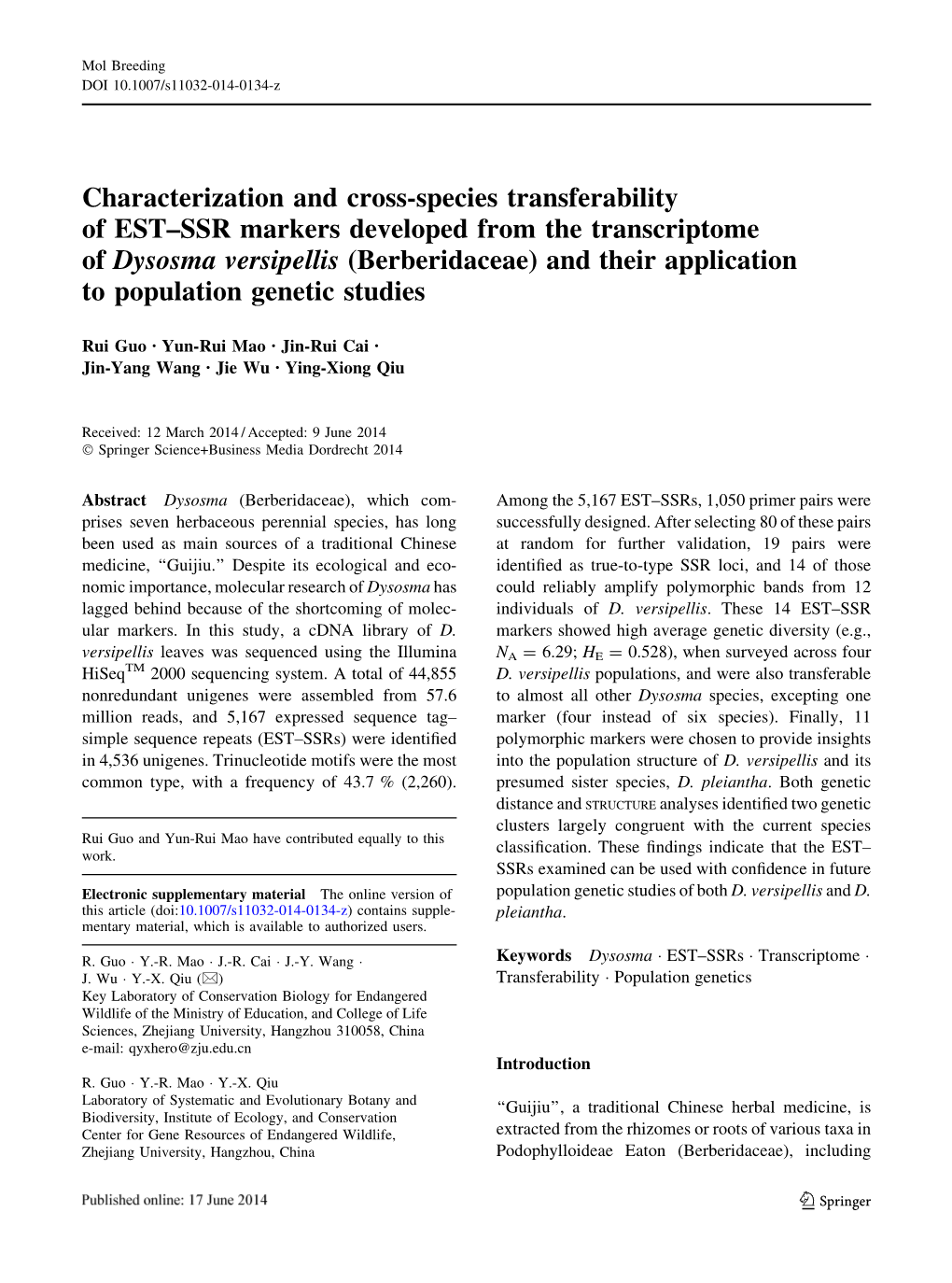 Characterization and Cross-Species Transferability of EST–SSR Markers