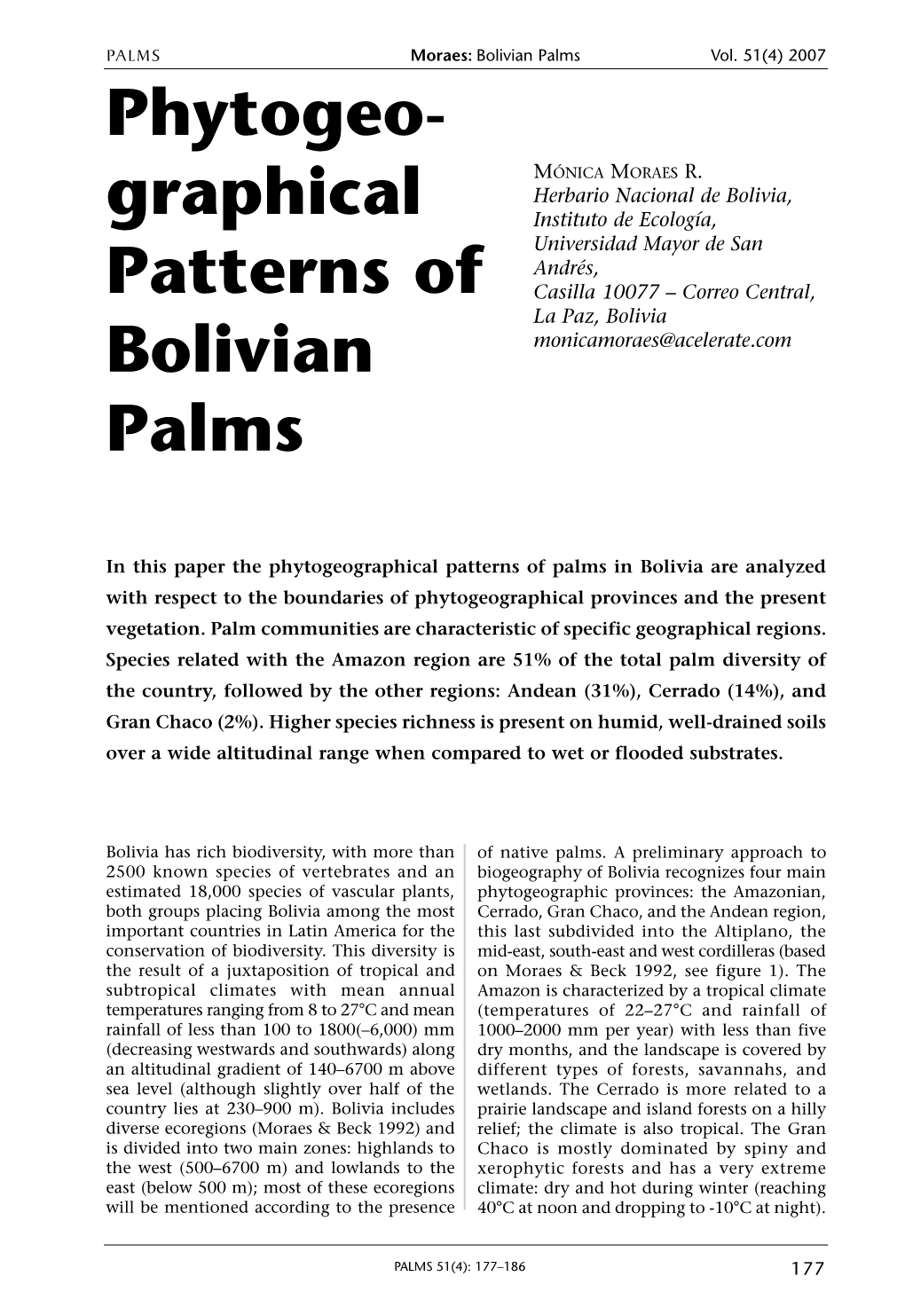 Phytogeo- Graphical Patterns of Bolivian Palms