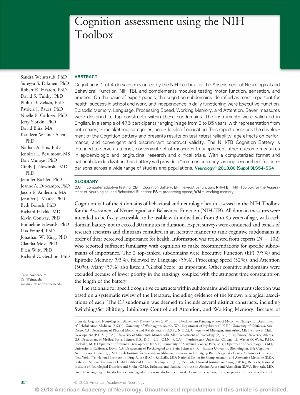 Cognition Assessment Using the NIH Toolbox