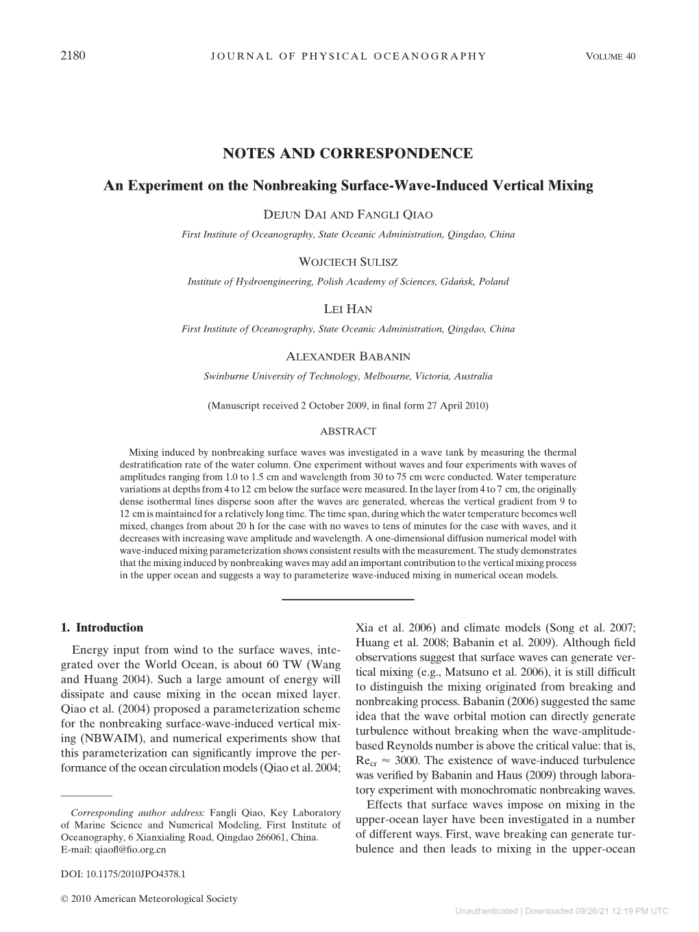 An Experiment on the Nonbreaking Surface-Wave-Induced Vertical Mixing