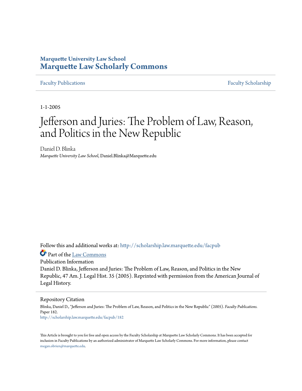 Jefferson and Juries: the Rp Oblem of Law, Reason, and Politics in the New Republic Daniel D