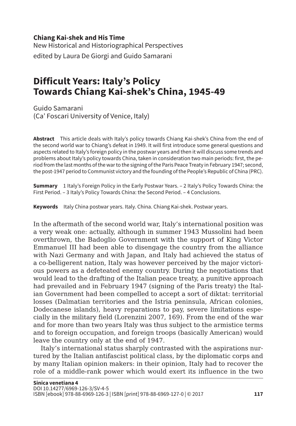 Italy's Policy Towards Chiang Kai-Shek's