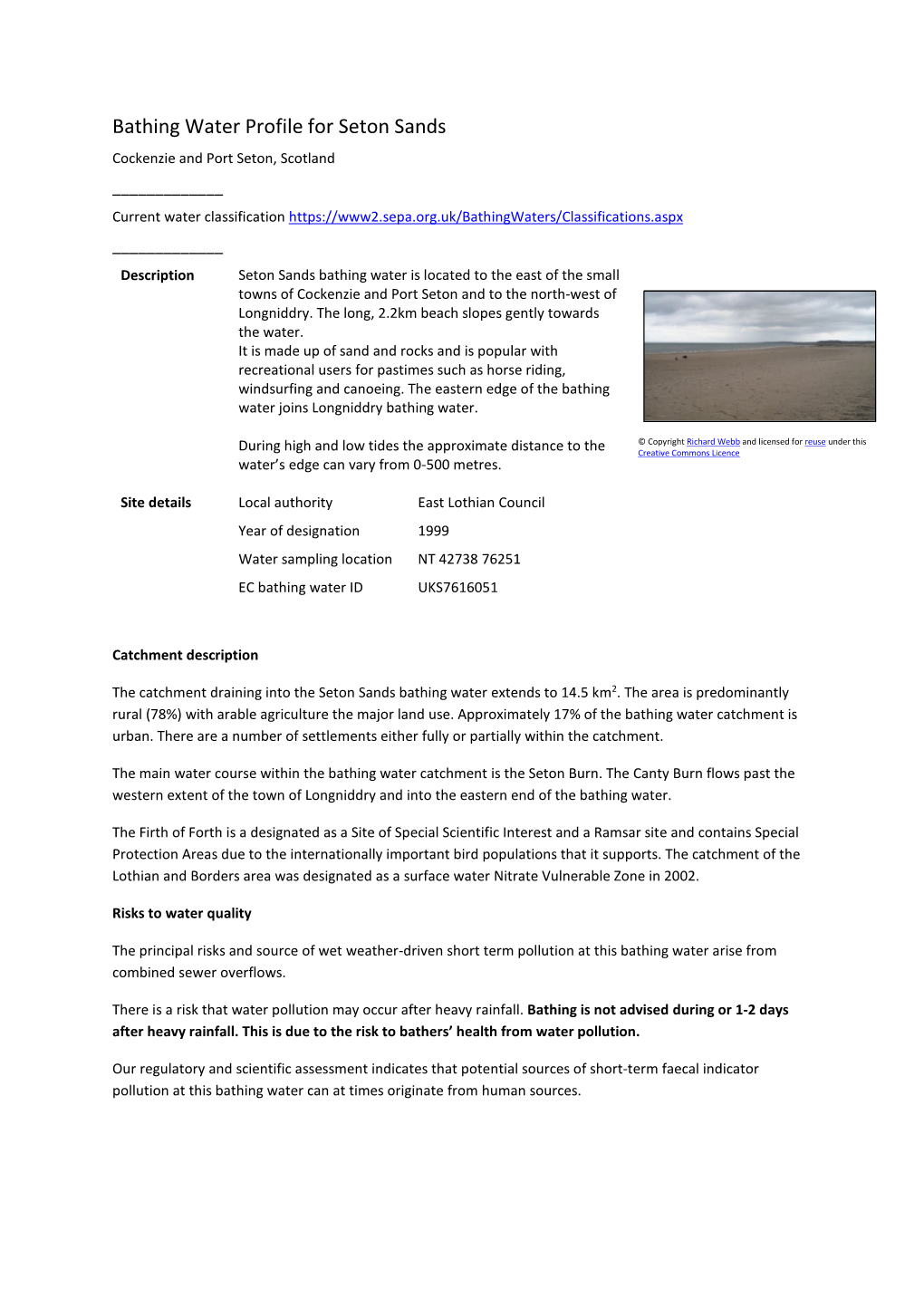 Bathing Water Profile for Seton Sands