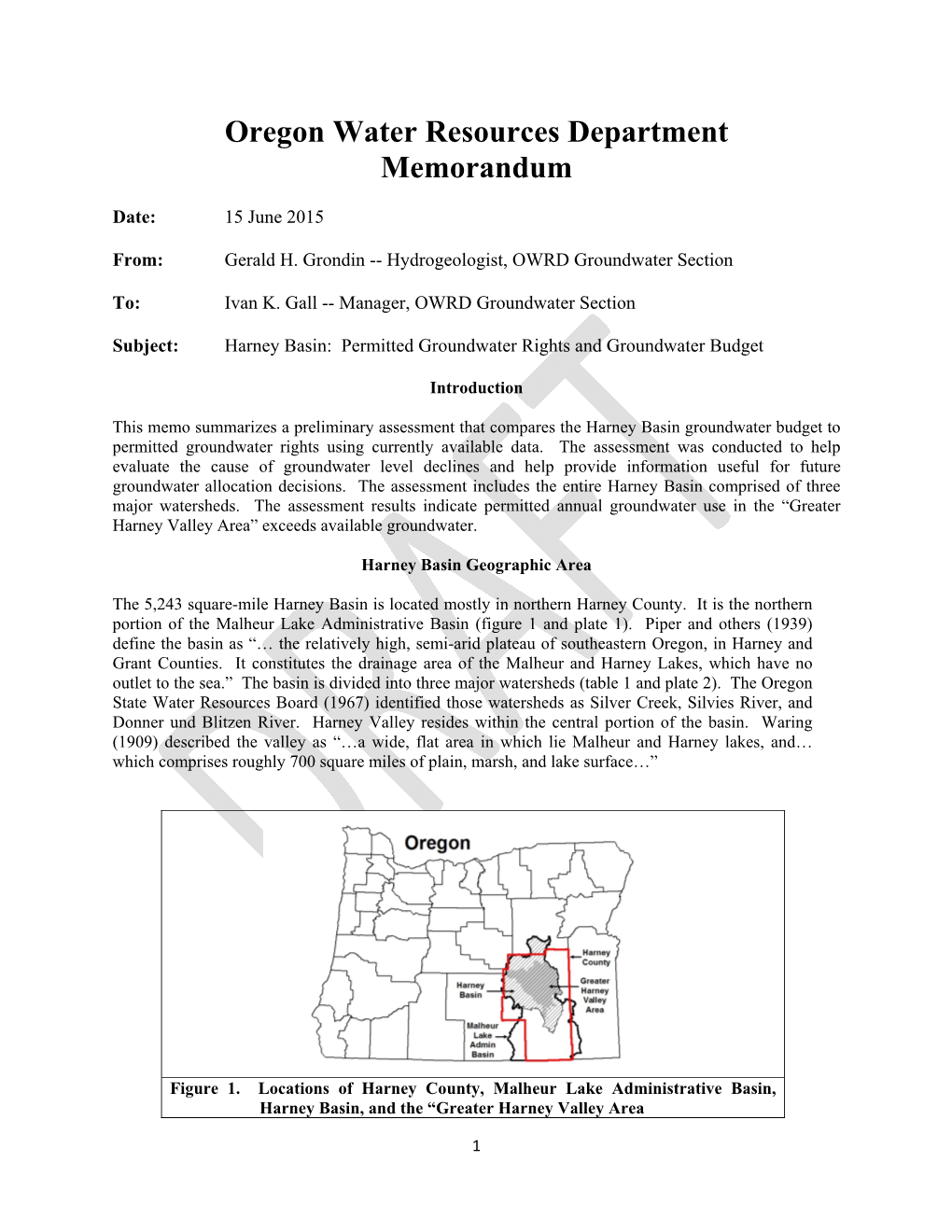 Oregon Water Resources Department Memorandum