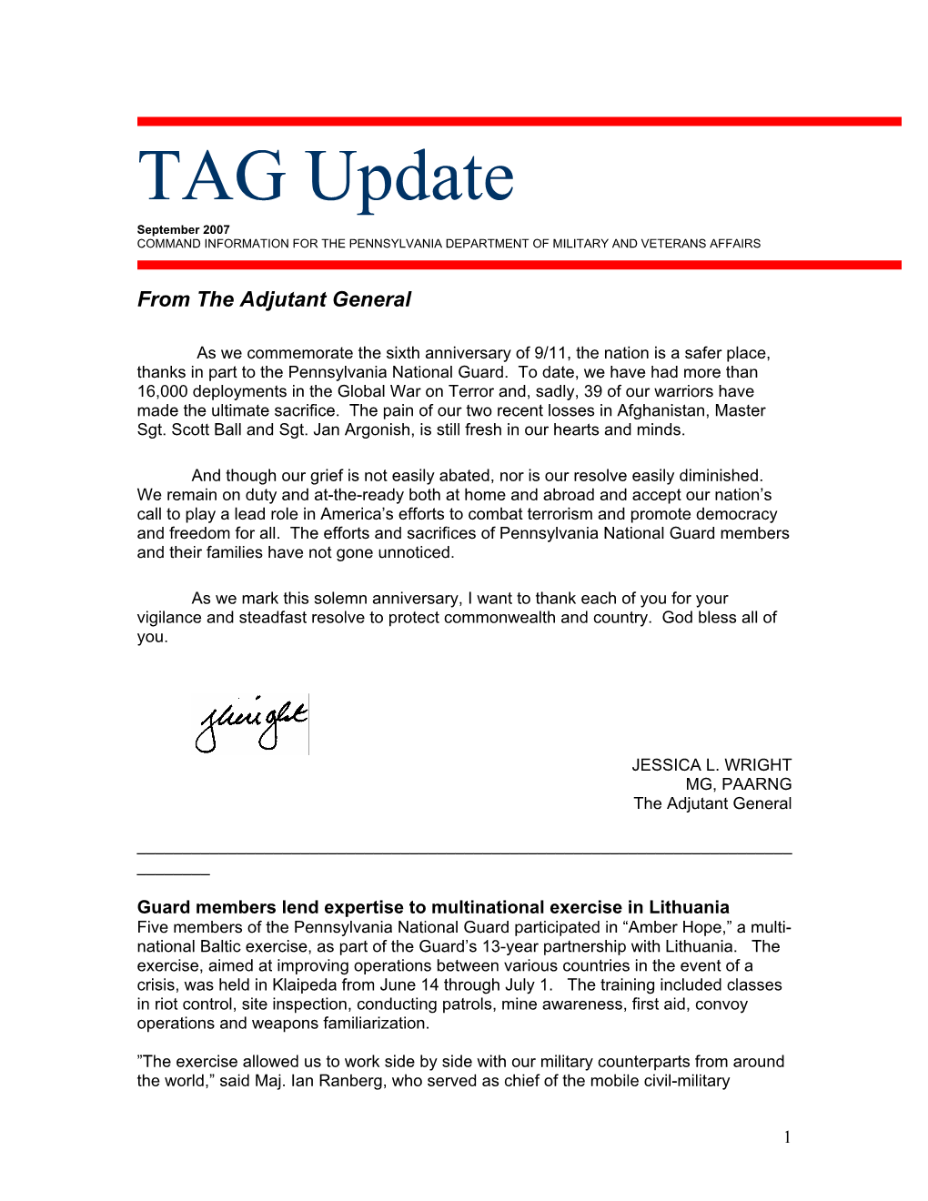 TAG Update September 2007 COMMAND INFORMATION for the PENNSYLVANIA DEPARTMENT of MILITARY and VETERANS AFFAIRS