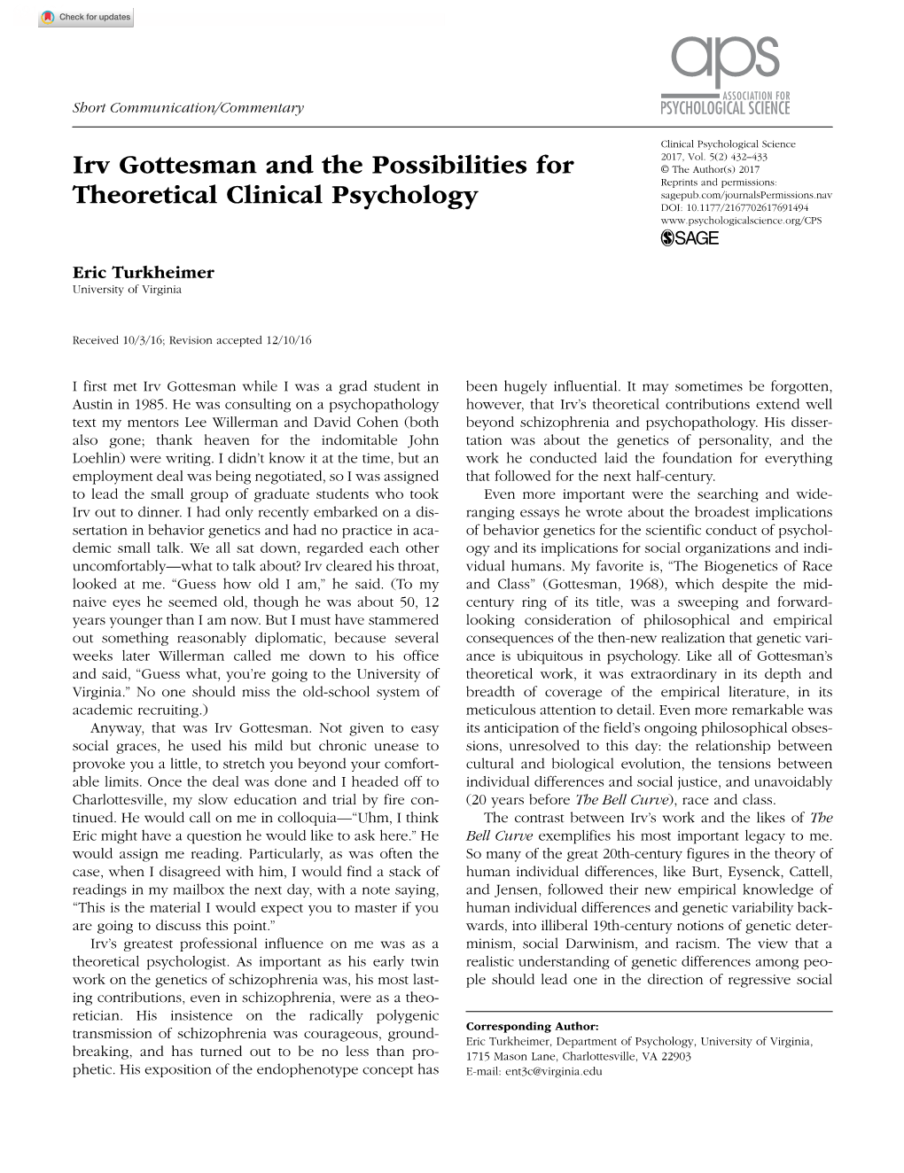 Irv Gottesman and the Possibilities for Theoretical Clinical Psychology