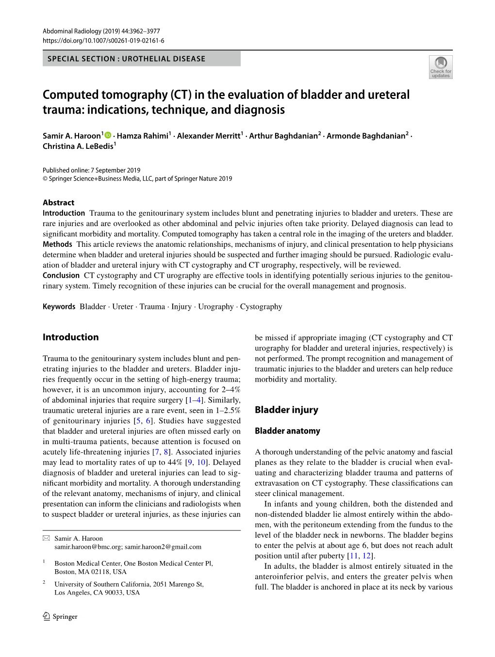 Computed Tomography (CT) in the Evaluation of Bladder and Ureteral Trauma: Indications, Technique, and Diagnosis