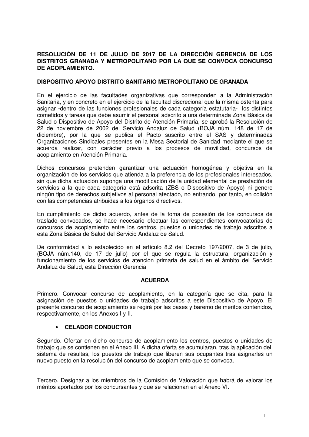 Convocatoria Acoplamientos D. Metropolitano Celador-Conductor