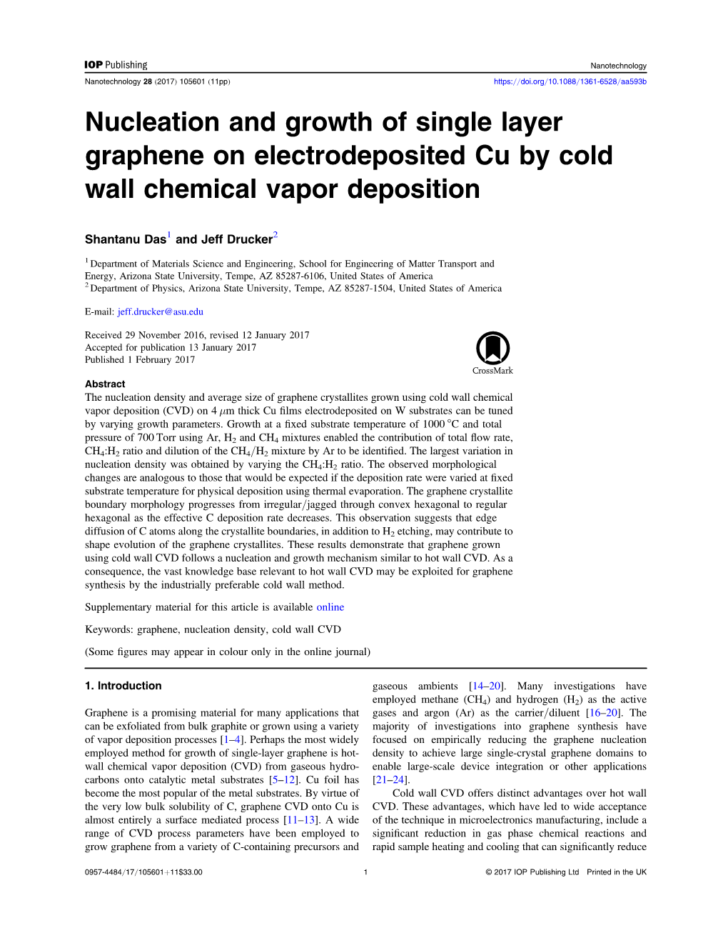 Nucleation and Growth of Single Layer Graphene on Electrodeposited Cu by Cold Wall Chemical Vapor Deposition