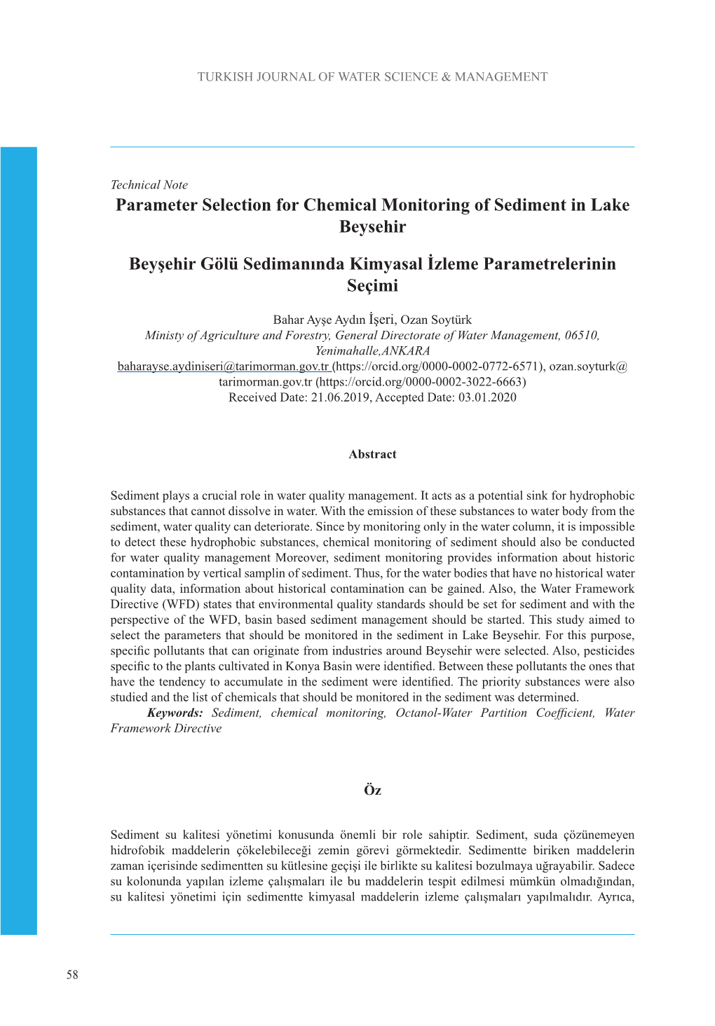 Parameter Selection for Chemical Monitoring of Sediment in Lake Beysehir