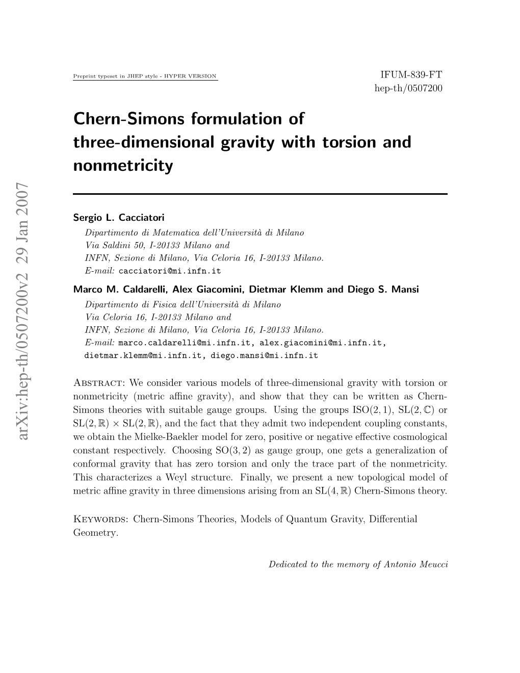 Chern-Simons Formulation of Three-Dimensional Gravity With