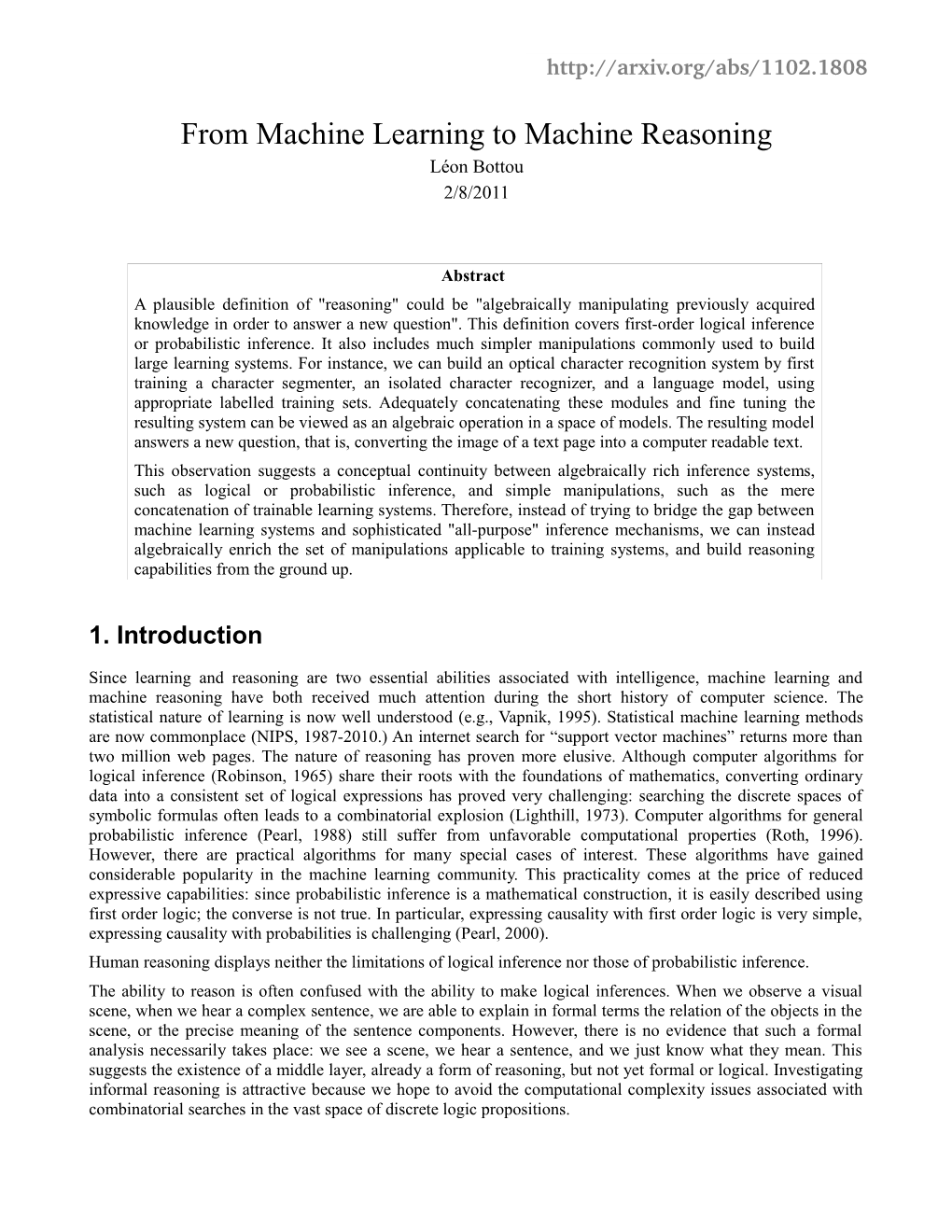 From Machine Learning to Machine Reasoning Léon Bottou 2/8/2011