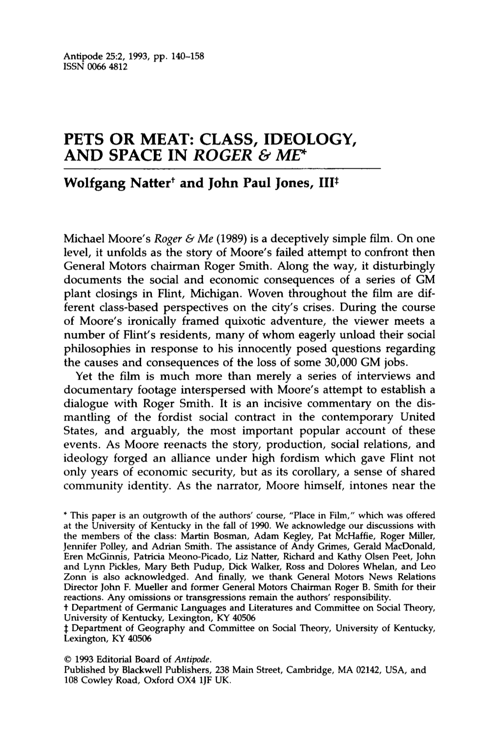 Pets Or Meat: Class, Ideology, and Space in Roger &