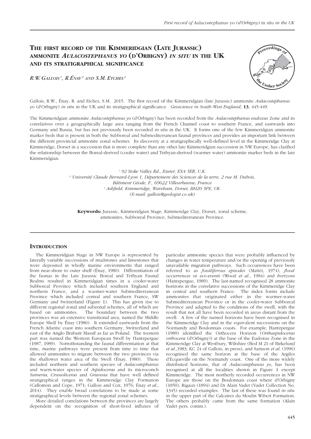 The First Record of the Kimmeridgian (Late Jurassic) Ammonite Aulacostephanus Yo (D’Orbigny) in Situ in the Uk and Its Stratigraphical Significance