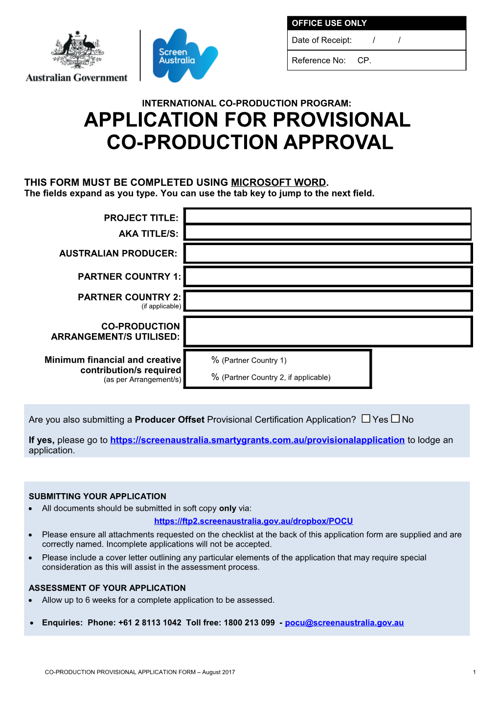 International Co-Production Program: Application for Provisional Co-Production Approval