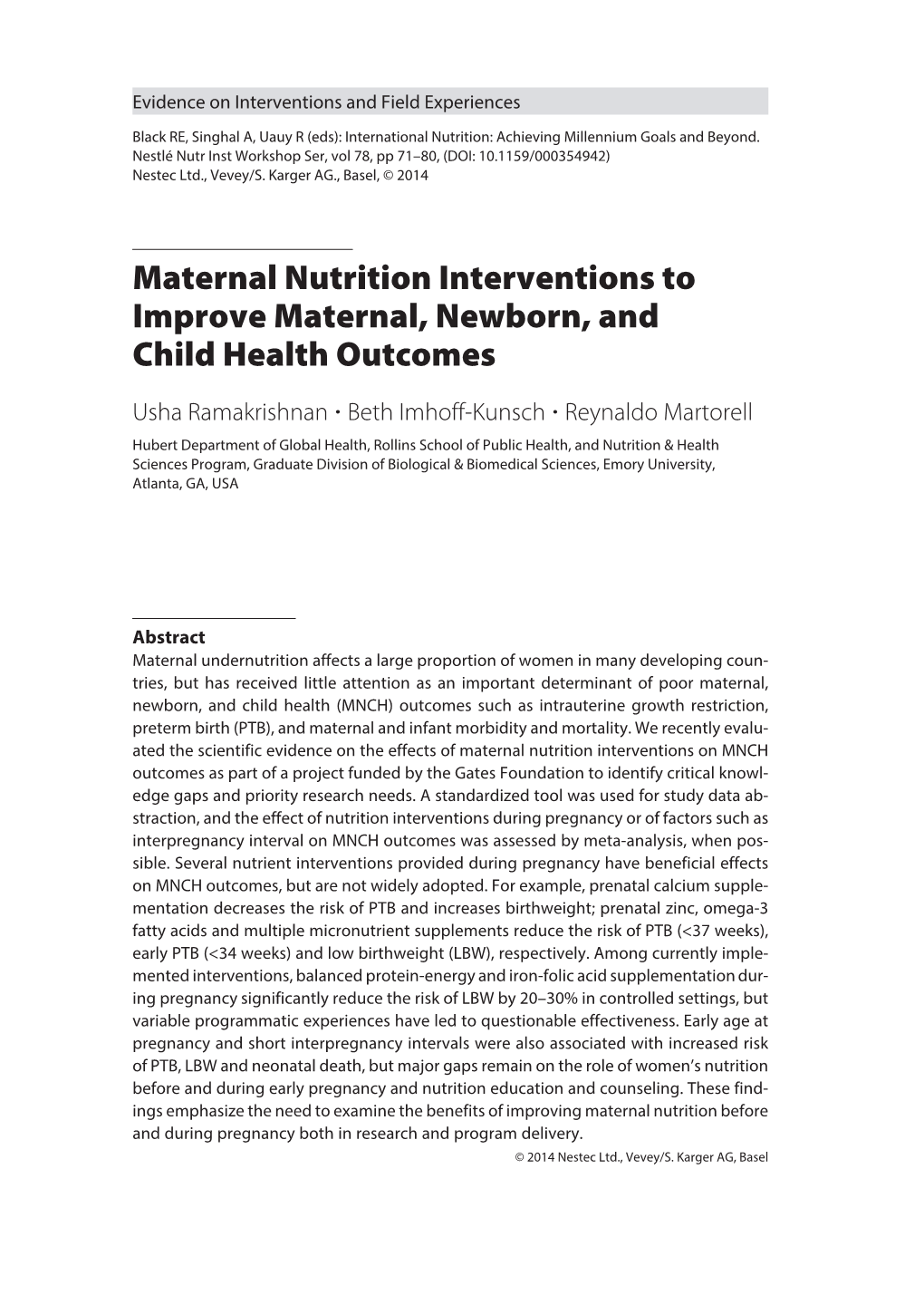 Maternal Nutrition Interventions to Improve Maternal, Newborn, and Child Health Outcomes