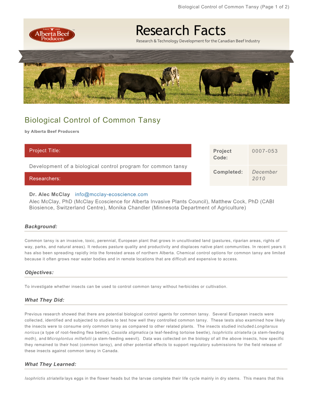 Biological Control of Common Tansy (Page 1 of 2)