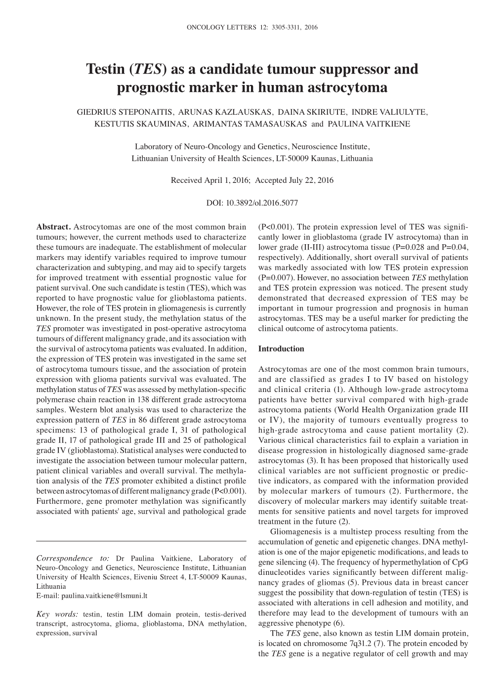 Testin (TES) As a Candidate Tumour Suppressor and Prognostic Marker in Human Astrocytoma