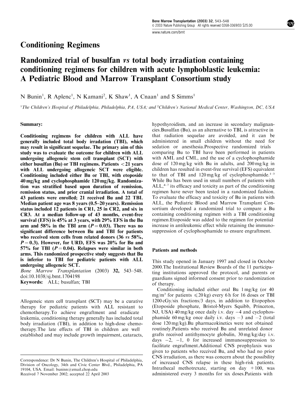 Conditioning Regimens Randomized Trial of Busulfan Vs Total Body