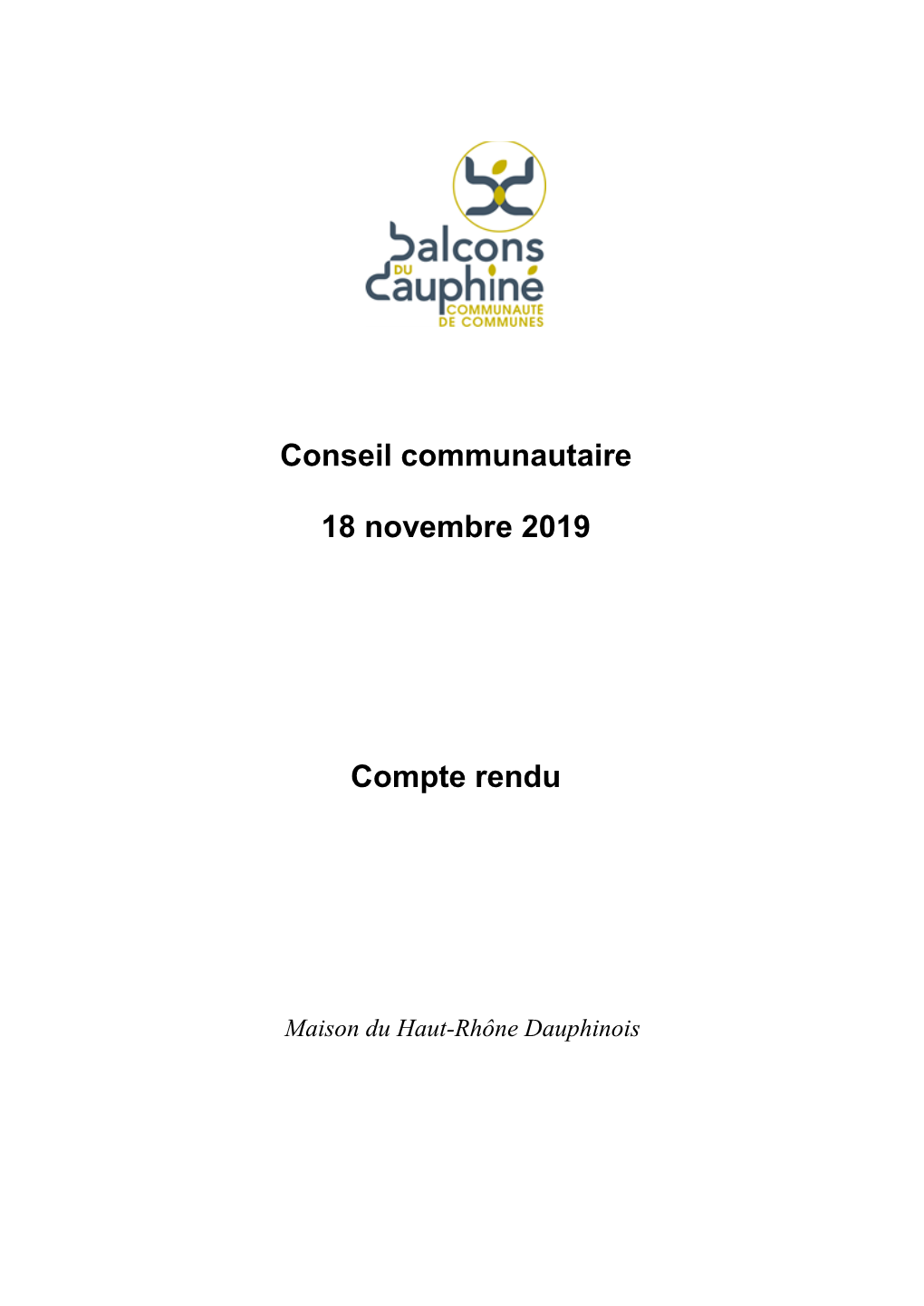 Conseil Communautaire 18 Novembre 2019 Compte Rendu