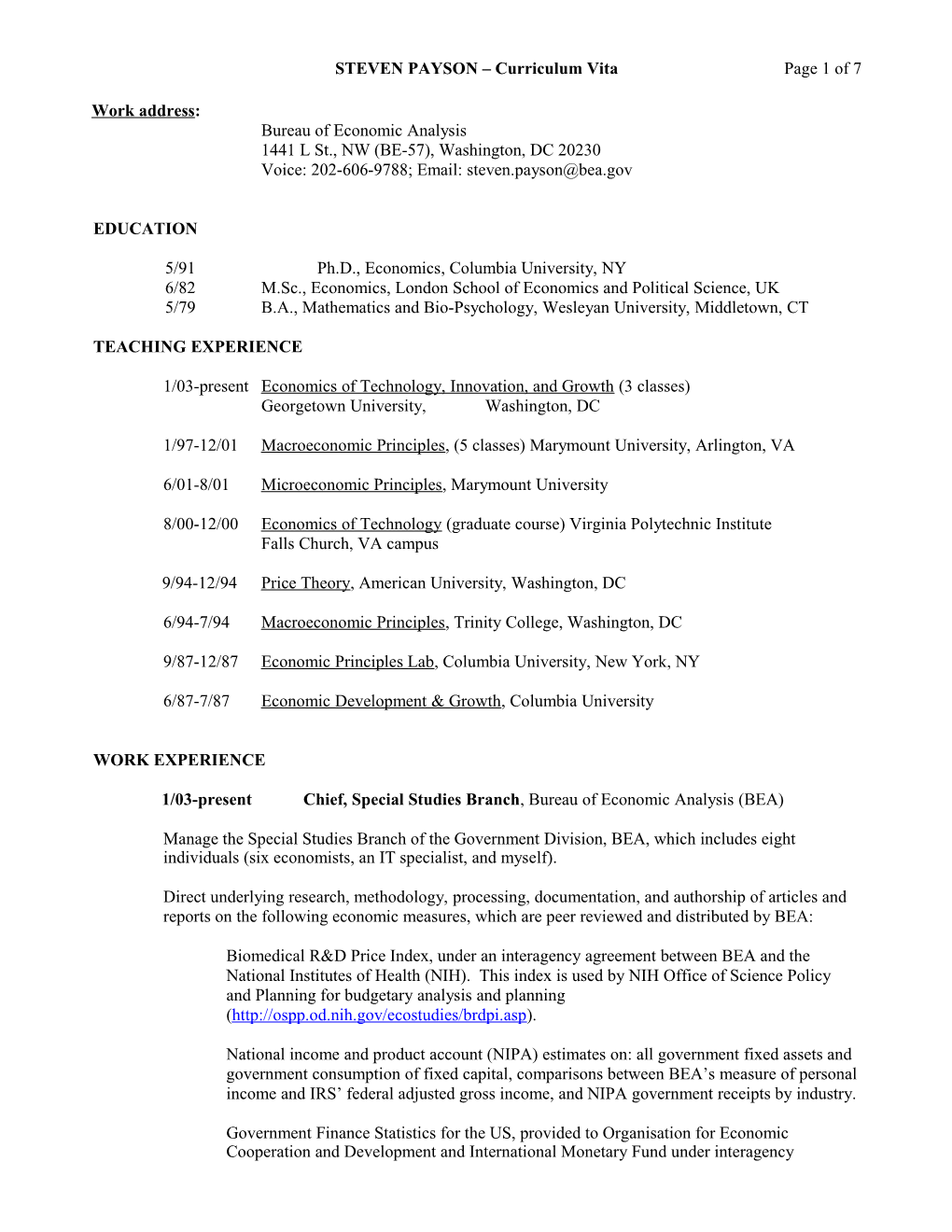 STEVEN PAYSON Curriculum Vita Page 1 of 7