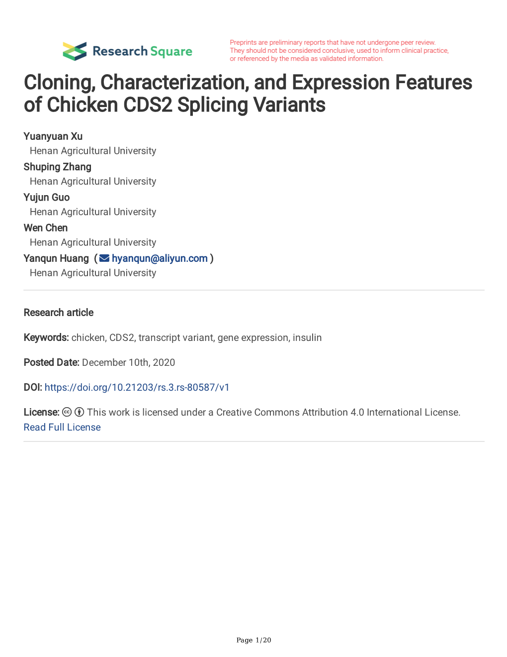 Cloning, Characterization, and Expression Features of Chicken CDS2 Splicing Variants