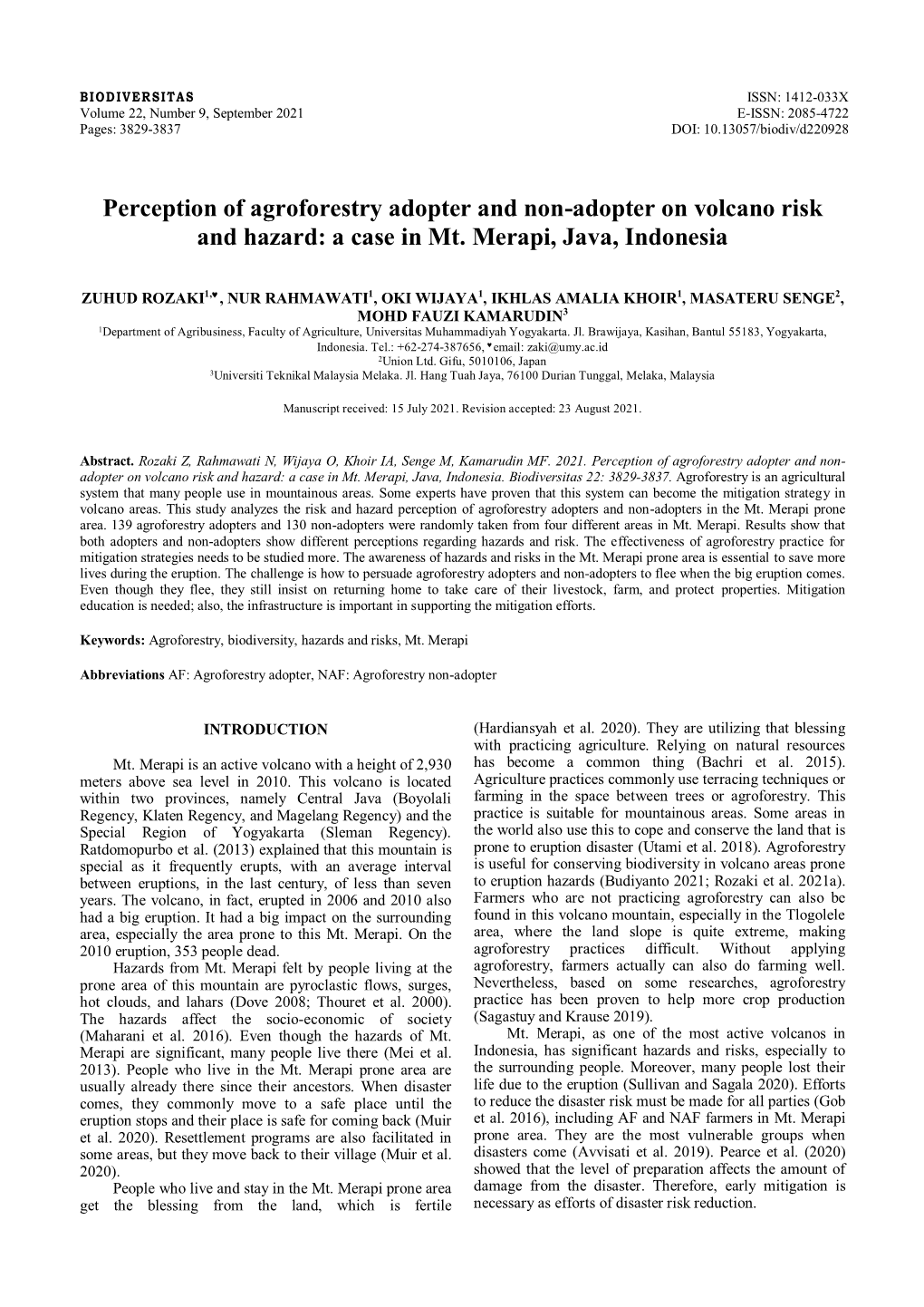 Perception of Agroforestry Adopter and Non-Adopter on Volcano Risk and Hazard: a Case in Mt