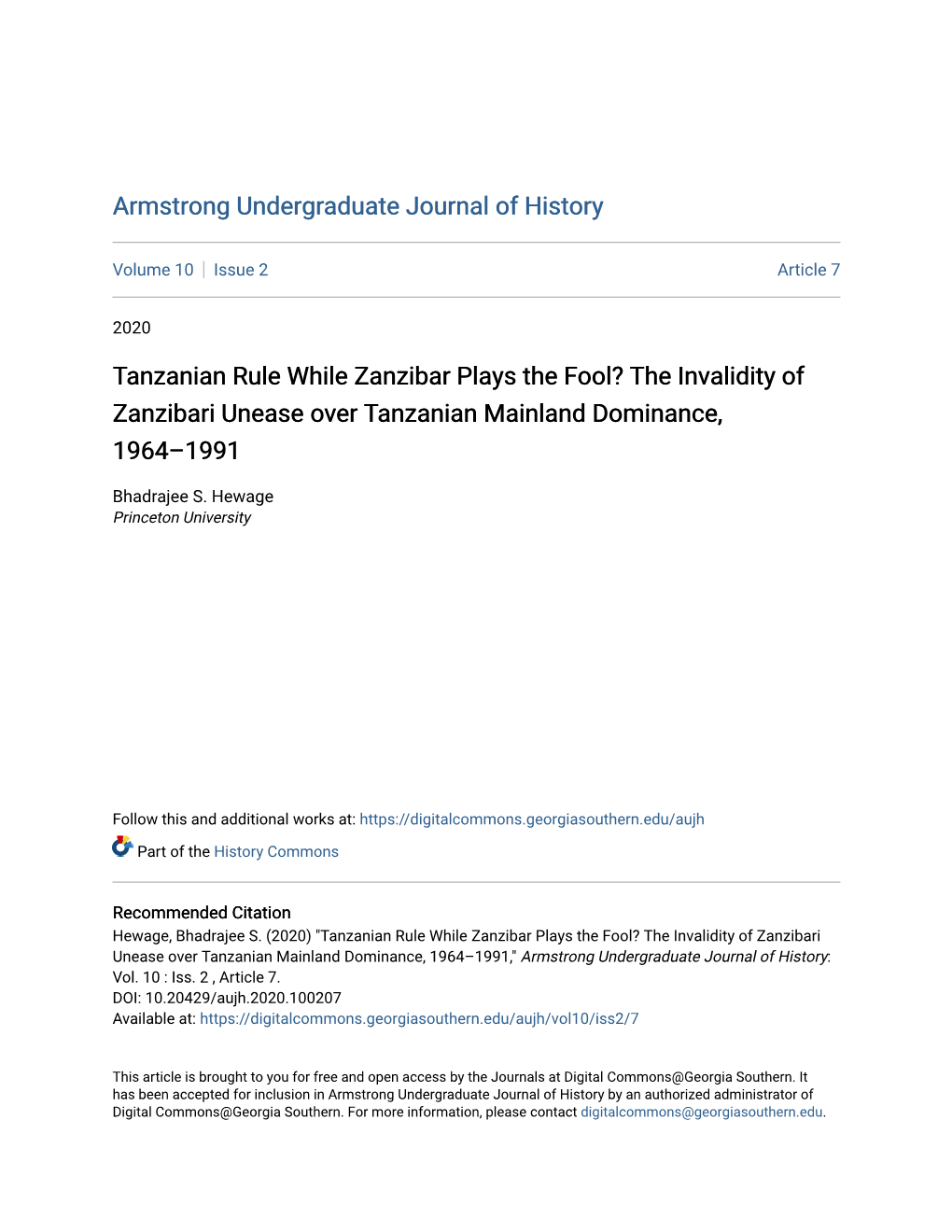 Tanzanian Rule While Zanzibar Plays the Fool? the Invalidity of Zanzibari Unease Over Tanzanian Mainland Dominance, 1964–1991