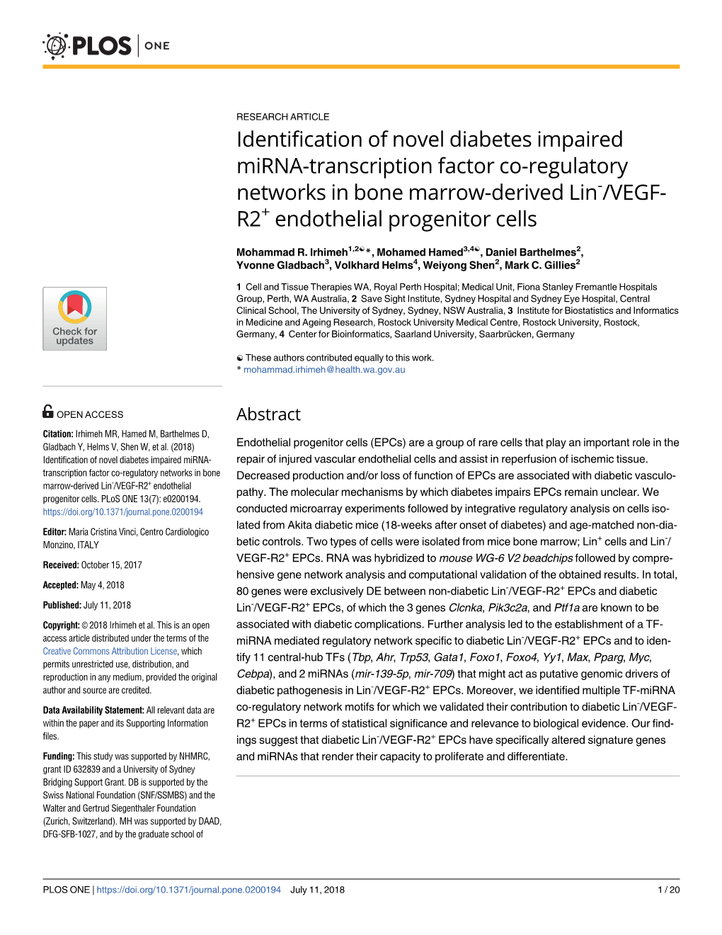 Identification of Novel Diabetes Impaired Mirna-Transcription Factor Co-Regulatory Networks in Bone Marrow-Derived Lin-/VEGF- R2+ Endothelial Progenitor Cells