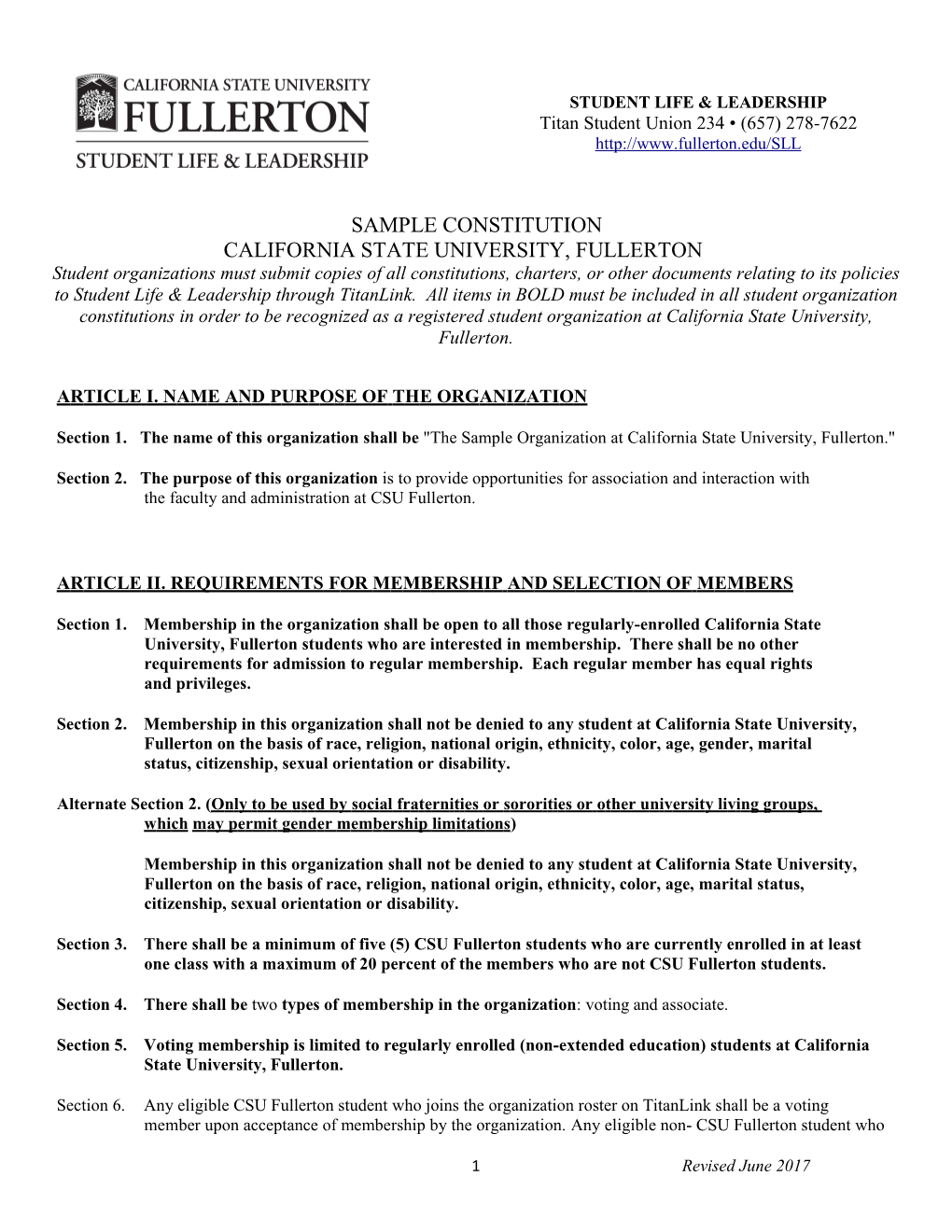 Sample Constitution California State University, Fullerton