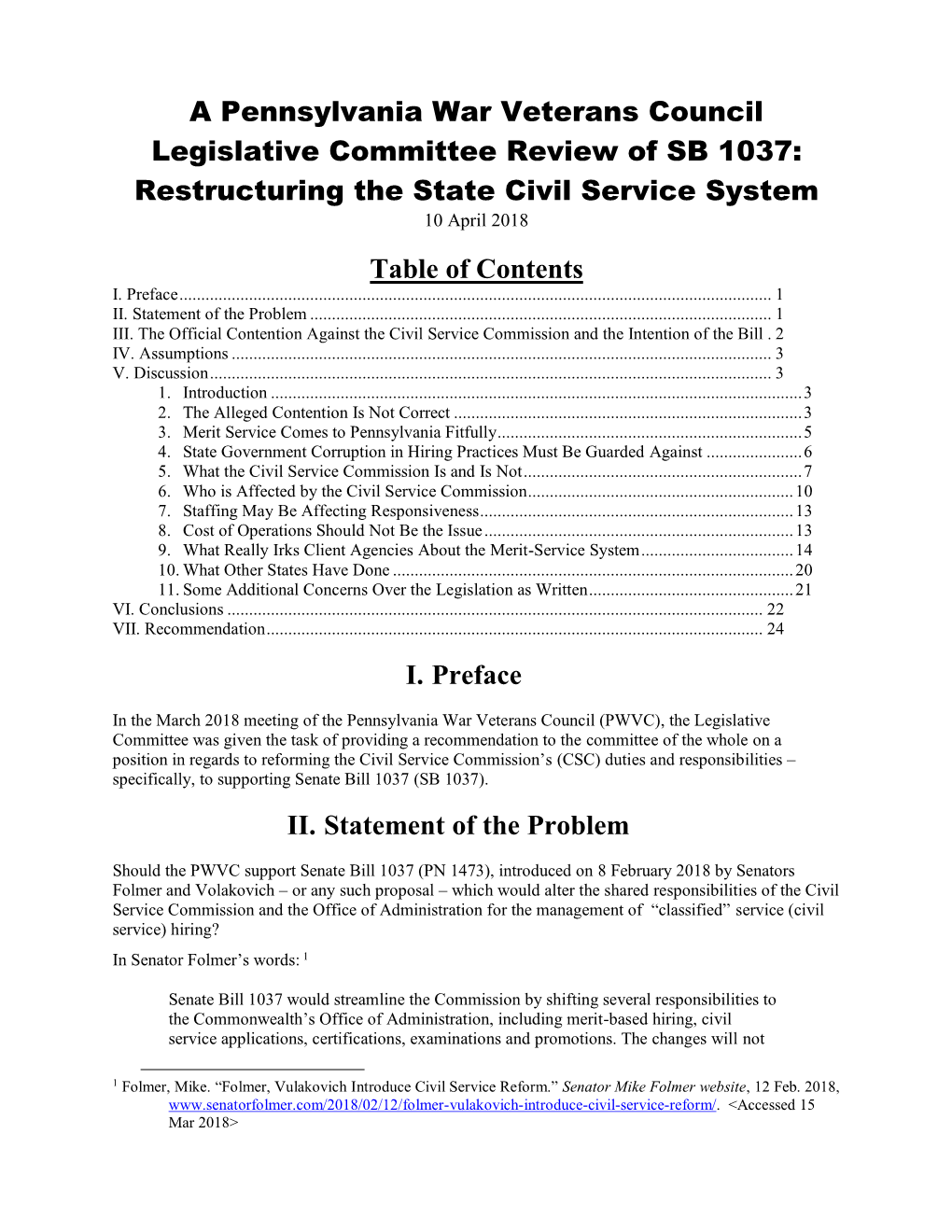 A Pennsylvania War Veterans Council Legislative Committee Review of SB 1037: Restructuring the State Civil Service System 10 April 2018