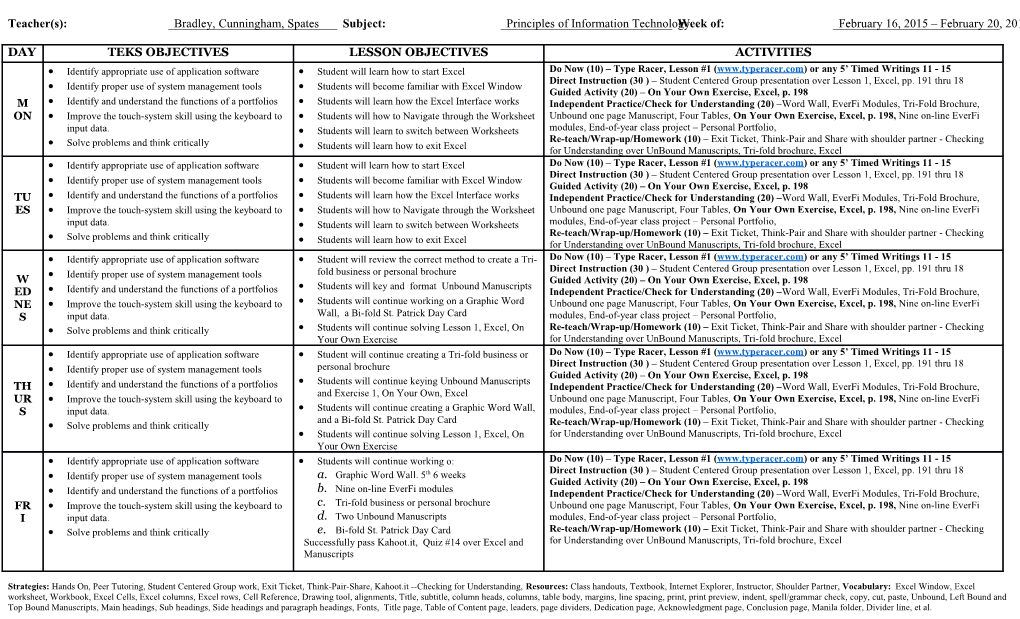 Strategies: Hands On, Peer Tutoring, Student Centered Group Work, Exit Ticket, Think-Pair-Share