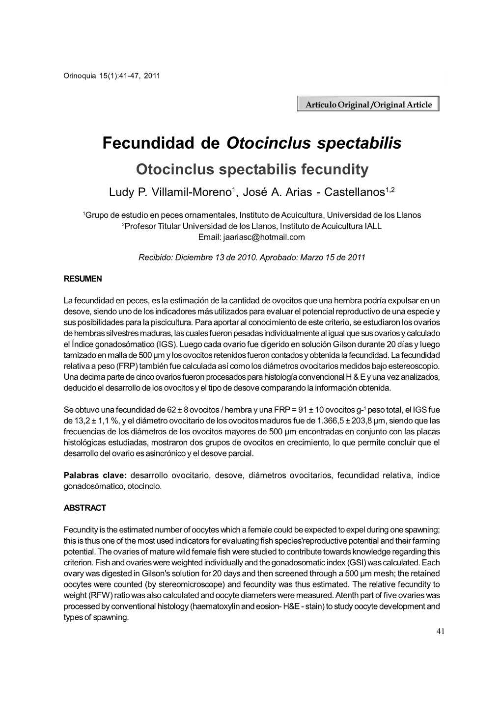 Fecundidad De Otocinclus Spectabilis Otocinclus Spectabilis Fecundity Ludy P