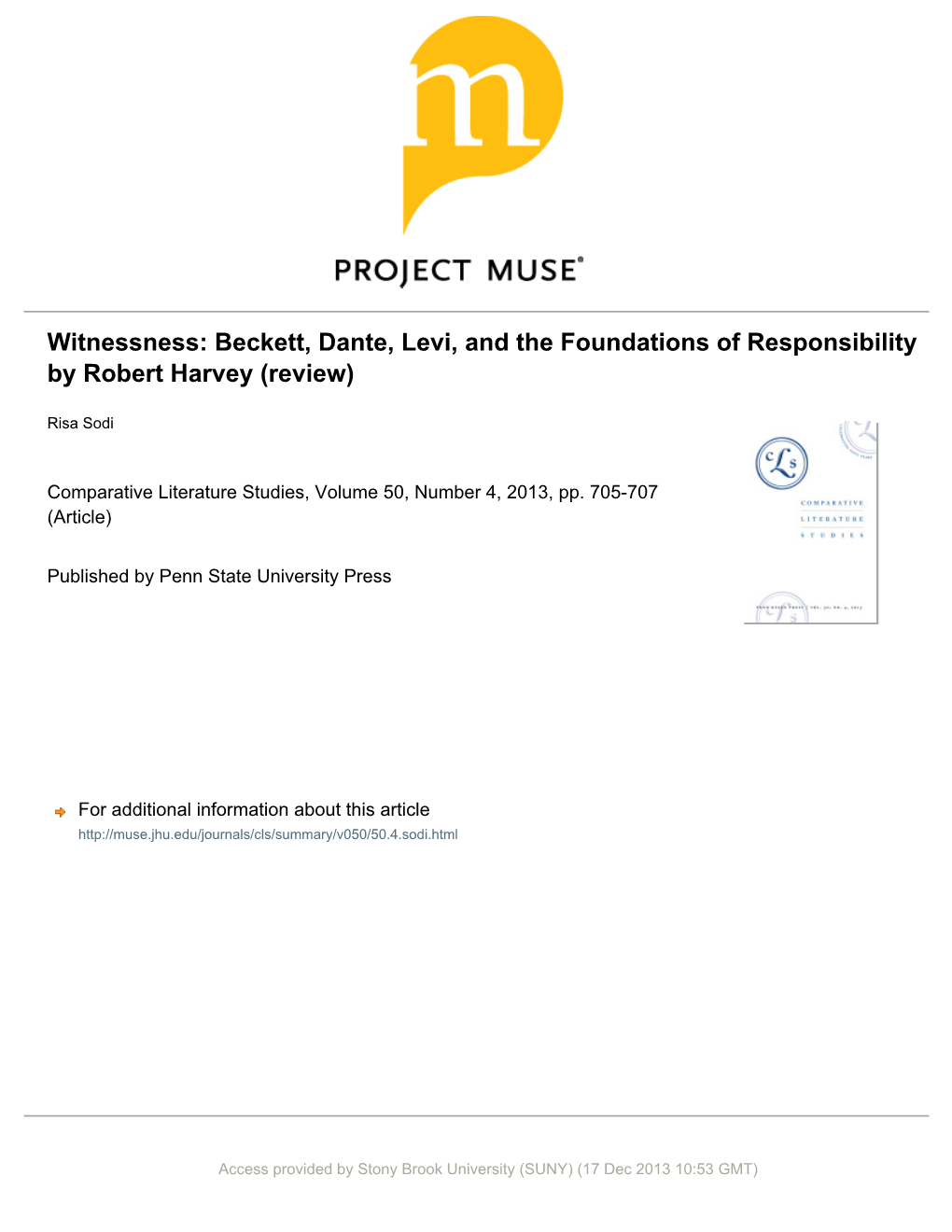 Witnessness: Beckett, Dante, Levi, and the Foundations of Responsibility by Robert Harvey (Review)