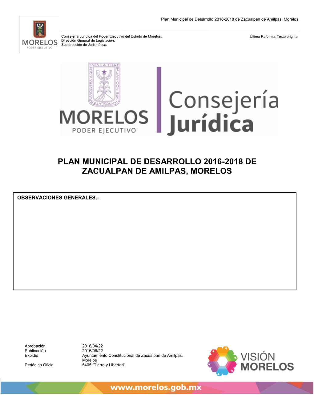 Plan Municipal De Desarrollo 2016-2018 De Zacualpan De Amilpas, Morelos