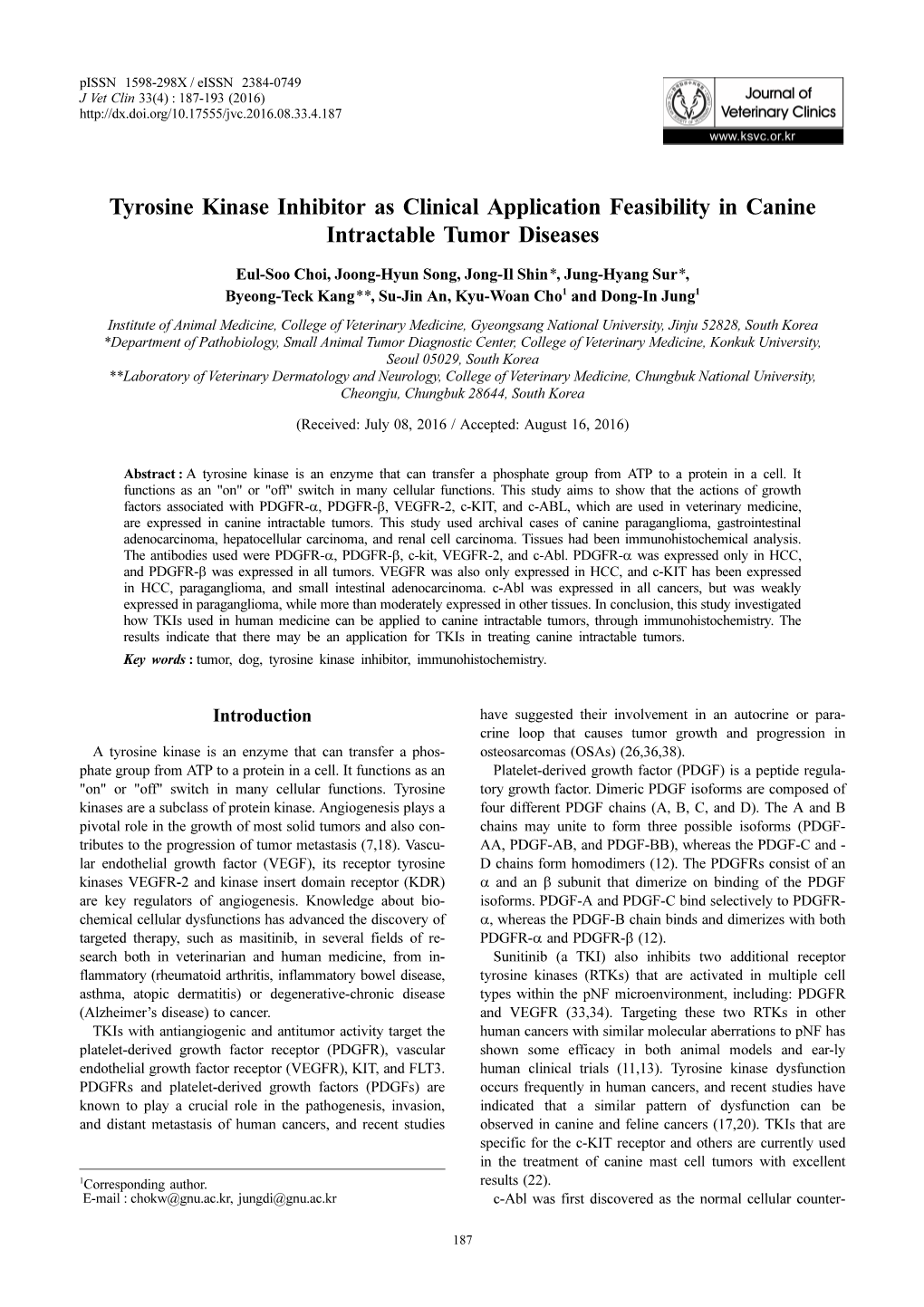 Tyrosine Kinase Inhibitor As Clinical Application Feasibility in Canine Intractable Tumor Diseases