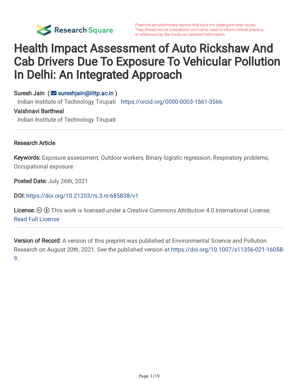 Health Impact Assessment of Auto Rickshaw and Cab Drivers Due to Exposure to Vehicular Pollution in Delhi: an Integrated Approach