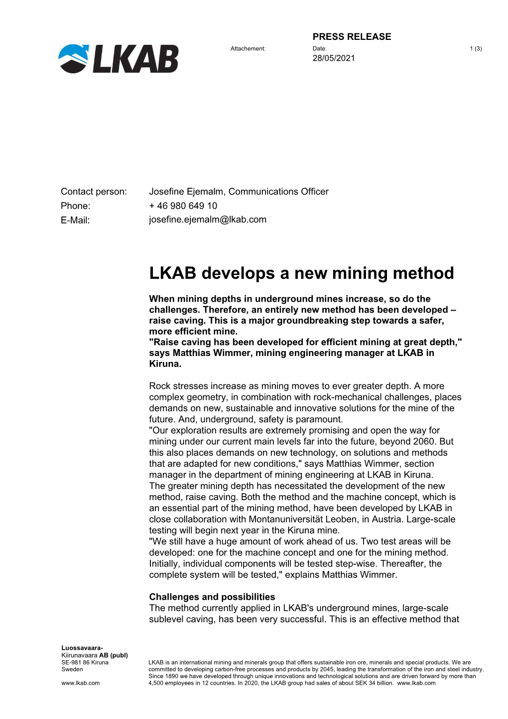 LKAB Develops a New Mining Method