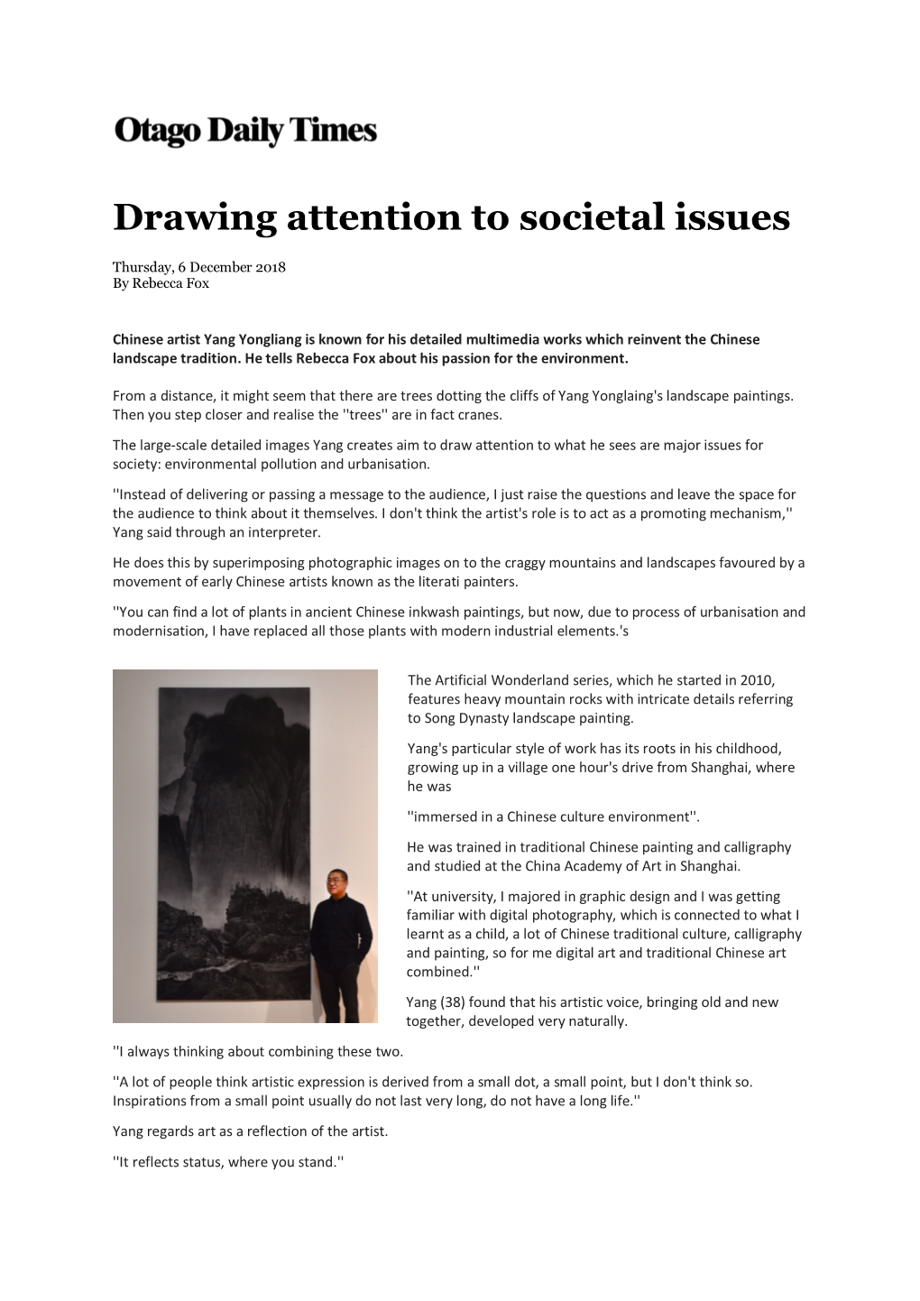 Fox, Rebecca, "Drawing Attention to Societal Issues" Otago Daily Times