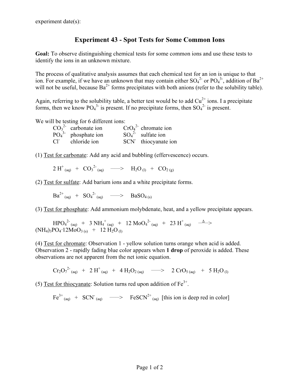 Experiment 43 - Spot Tests for Some Common Ions