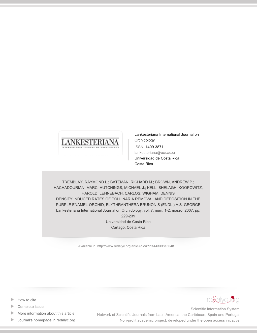 Redalyc.DENSITY INDUCED RATES of POLLINARIA REMOVAL AND