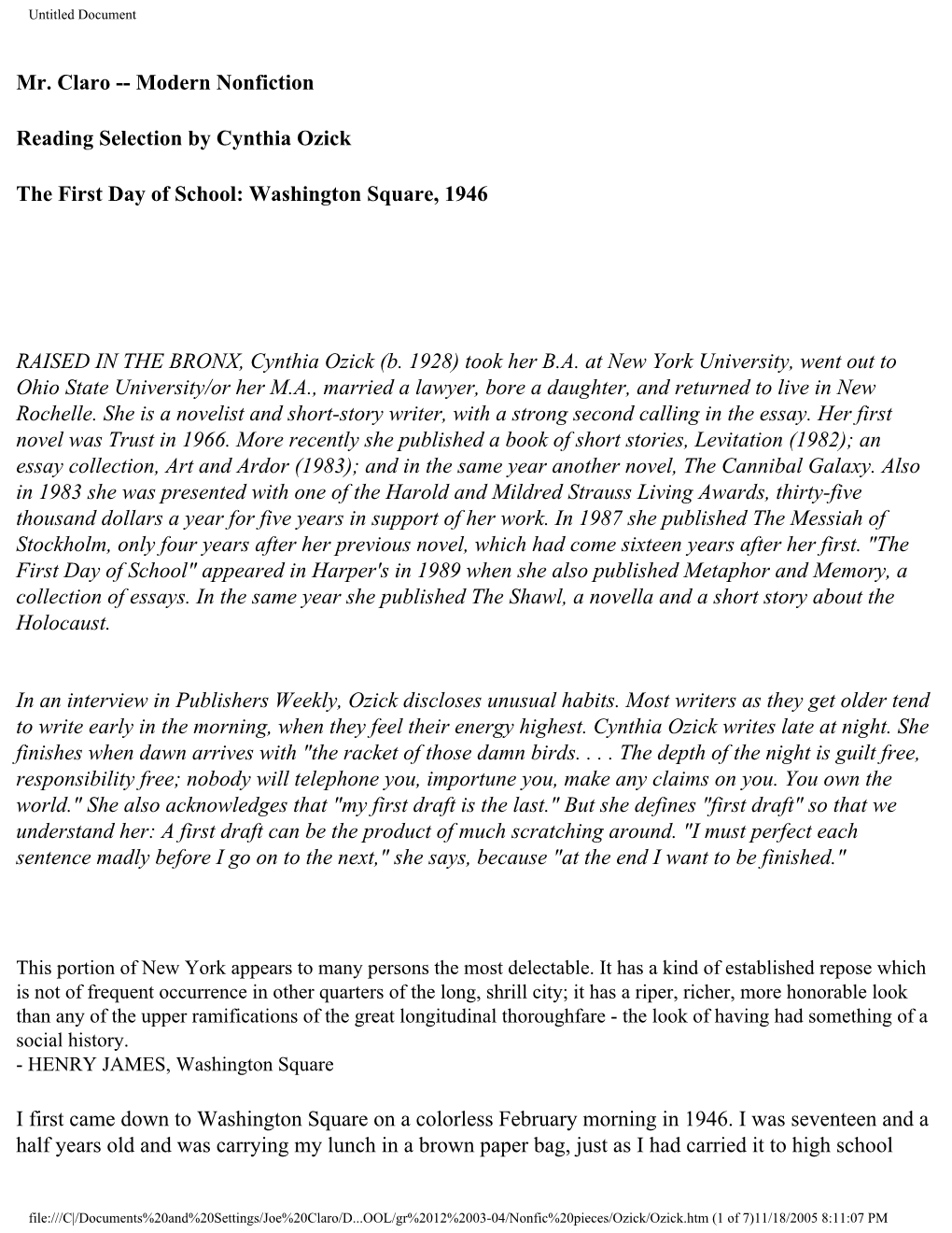 Mr. Claro -- Modern Nonfiction Reading Selection by Cynthia Ozick the First Day of School: Washington Square, 1946 RAISED IN